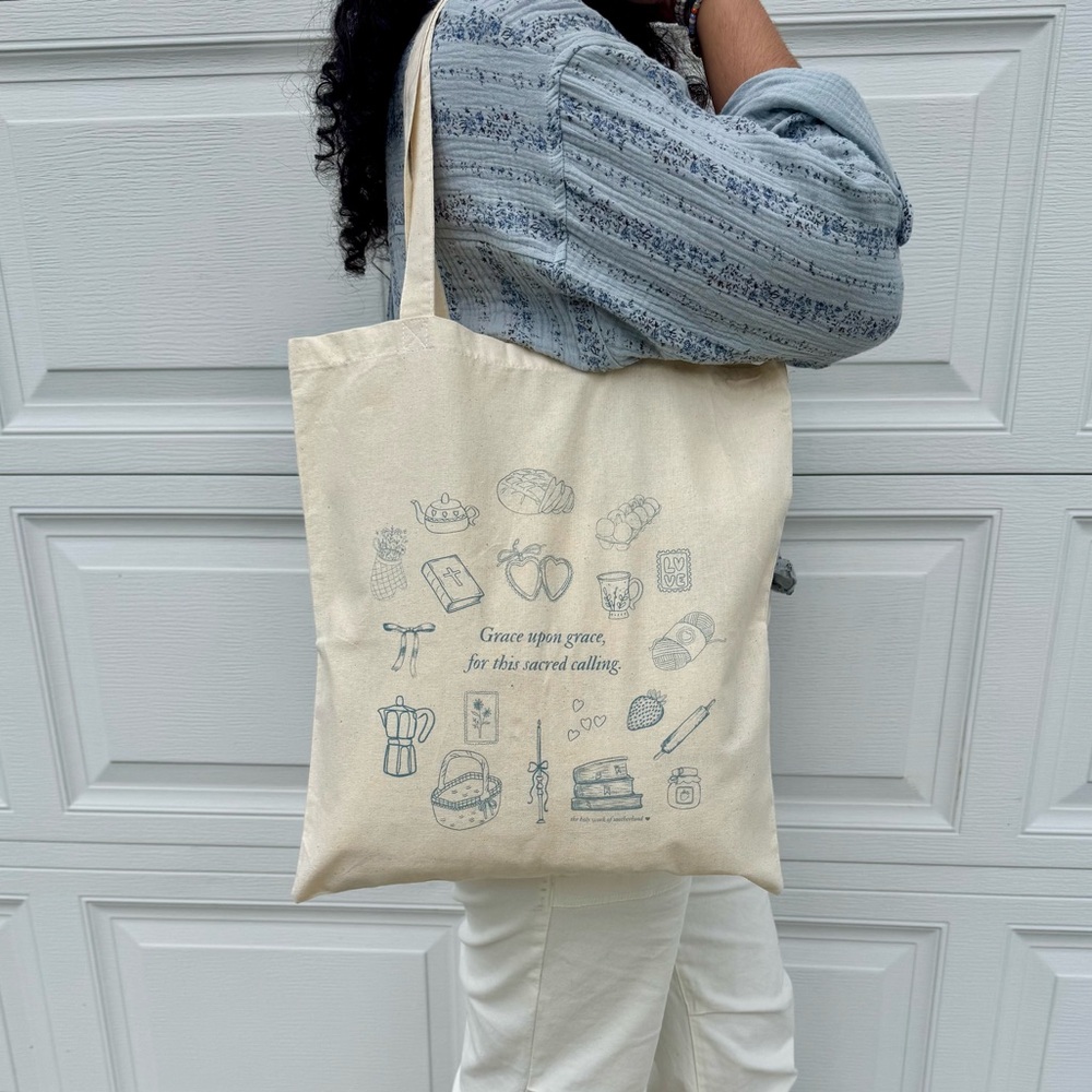 “Grace upon grace for this sacred calling” Canvas Cottage core Tote Bag for Moms - Picture 2 of 6